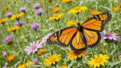 Naklejka premium Monarch Butterfly in a Vibrant Wildflower Meadow