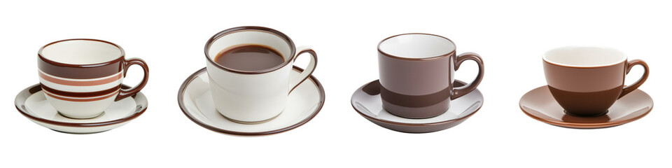 Obraz premium An assortment of classic coffee cups and mugs in various shapes sizes and colors arranged neatly on a wooden table The cups are either filled with hot coffee or tea