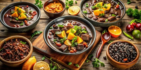 Aerial View of Delicious Black Bean Stew with Orange and Meat, served in rustic bowls outdoors