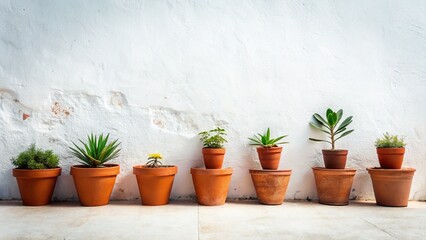 Fototapeta premium Minimalist Plant Pots on Plain Wall - Simple Home Decor Stock Photo