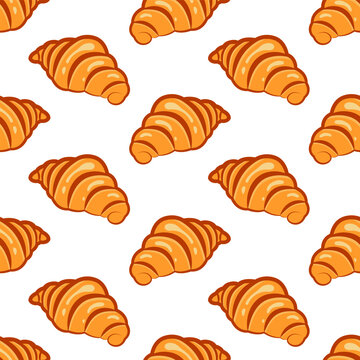 Seamless pattern with croissants. Background for cafe menu design, labels and packaging. Bakery and pastries, cookies, buns, French rolls, desserts, cakes. Tasty French Croissant colorful pattern