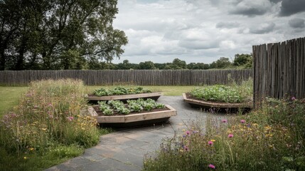 Fototapeta premium Raised garden beds, wildflowers, rustic fence, summer day, outdoor space, landscaping