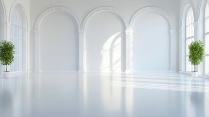 Elegant spacious room with pristine white walls, perfect for modern living or stylish gatherings.