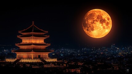Majestic Ancient Pavilion Illuminated Under a Glowing Full Moon Overlooking a Vibrant Cityscape at Night in a Serene Landscape