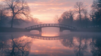 Fototapeta premium A serene bridge over a misty lake at sunrise, surrounded by tranquil nature.
