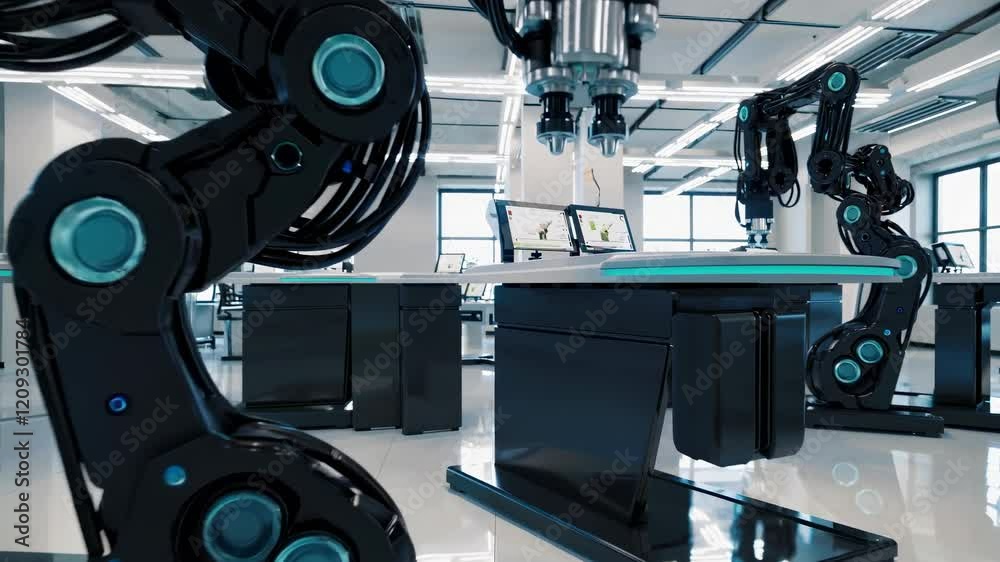 Poster robotic arms performing tasks in a modern automated workshop environment with advanced technology