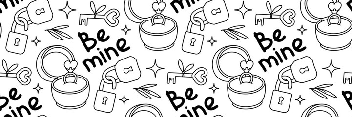 PrintMarry me seamless pattern. Engagement ring with diamond in pink box. Happy Valentines day doodle background with hand lettering. Locks and key symbols of love. Wedding day. Vector outline illustr