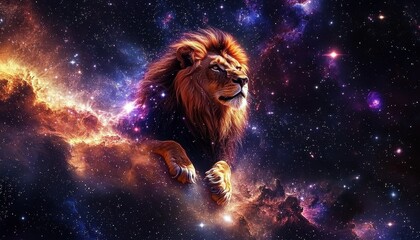 Explore the astrological symbolism of the Leo zodiac sign set against the backdrop of the cosmos.