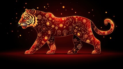 Fototapeta premium Majestic Colorful Tiger Silhouette with Intricate Patterns and Glowing Effects Against a Dark Background for Creative and Artistic Projects