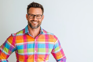 It's always enjoyable to converse with a smart individual. An indoor scene captures an attractive, interesting Caucasian man grinning widely as he stands against a gray backdrop, engaging in a