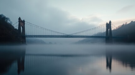 Obraz premium A serene bridge surrounded by fog, reflecting on calm waters at dawn.