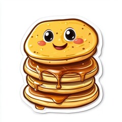 Cute cartoon pancake stack with syrup and smiling face.