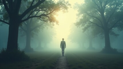 A person walking through a misty forest, with fog lifting to reveal a bright landscape ahead, symbolizing gradual recovery from depression and hope.