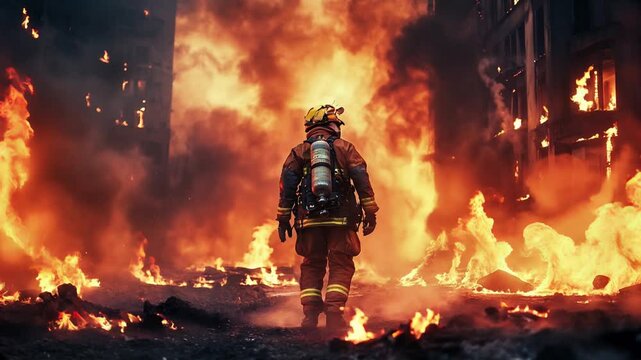 Bombero caminando en c&aacute;mara lenta frente a un incendio masivo, rodeado de chispas y llamas en un escenario &eacute;pico y heroico.