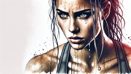 Watercolor close-up of a female athlete's face, drenched in sweat, showcasing her Raw emotion and fierce gaze highlight the dedication required in high-level sports