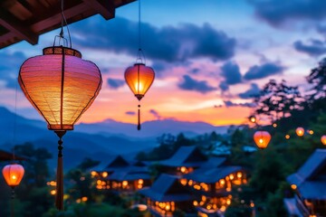Obraz premium Beautifully Brightly Lit Paper Lanterns Gently Hovering Over a Scenic Mountain Landscape at Dusk, Creating a Magical and Serene Atmosphere