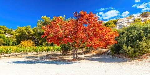 Naklejka premium Autumn vineyard, red tree, sunny day, island landscape. Postcard, calendar use