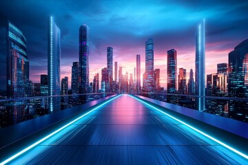 Fototapeta premium Futuristic Digital Urban Utopia Showcasing Synchronized Systems Under Glowing Neon Lights at Sunset with a Bustling Cityscape