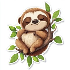 Naklejka premium A playful sloth with a tree branch sticker, Relaxed and adorable, Brown colors with cute features, isolated on white, easy for die cut background, 2D sticker