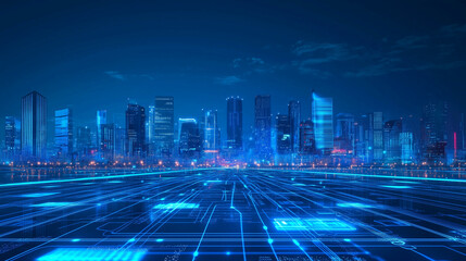 A futuristic smart city skyline at night, featuring glowing skyscrapers, autonomous vehicles, and advanced digital displays. A vision of innovation and technology.