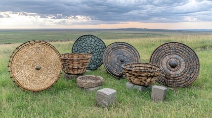 African shields and baskets on grassy hilltop, sunset landscape