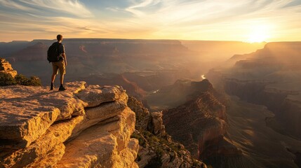 Naklejka premium Man Gazing Over the Grand Canyon at Sunrise