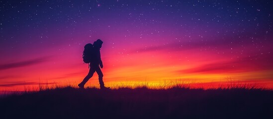 Fototapeta premium Silhouette of a hiker walking at colorful sunset.