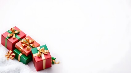 A bundle of mini Christmas gift boxes wrapped in colorful ribbons on a white background