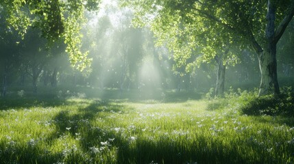 A serene forest scene capturing sunlight filtering through lush green trees.
