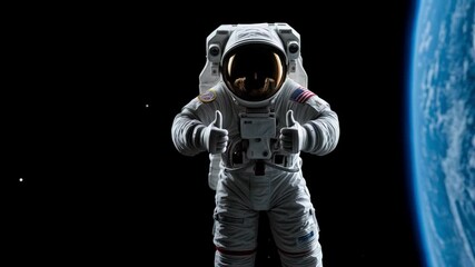 Astronaut in spacesuit showing thumbs up against black background