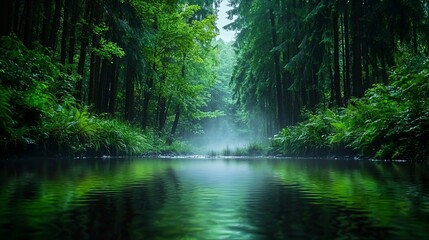 Obraz premium Misty Forest Stream with Droplets Hovering Calmly Above Water, Capturing Tranquil Nature Tones and Lush Greenery in a Serene Environment
