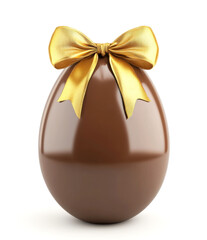 Chocolate egg with golden bow displayed on a white background during festive season