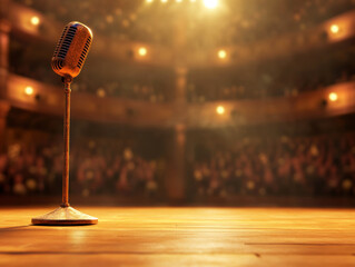 Vintage microphone stands alone on stage in a dimly lit theater ready for a performance