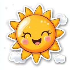 Fototapeta premium A smiling sun with cute clouds and rays sticker, Sunny and lovable, Yellow colors with cute expressions, isolated on white, easy for die cut background, 2D sticker