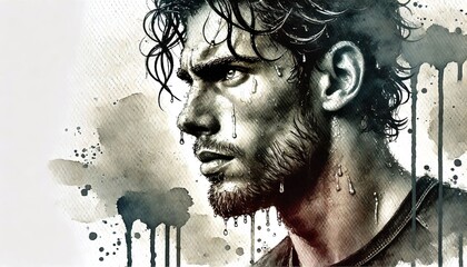 Watercolor close-up of a male athlete's face, drenched in sweat, showcasing his Raw emotion and fierce gaze highlight the dedication required in high-level sports