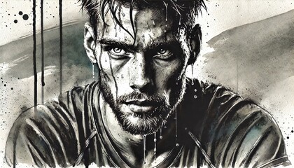 Watercolor close-up of a male athlete's face, drenched in sweat, showcasing his Raw emotion and fierce gaze highlight the dedication required in high-level sports