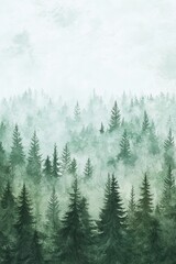 Fototapeta premium Venture into a serene pine forest illustrated in soft watercolor, featuring a misty atmosphere. The muted green and gray hues create a peaceful, modern ambiance, perfect for contemplation