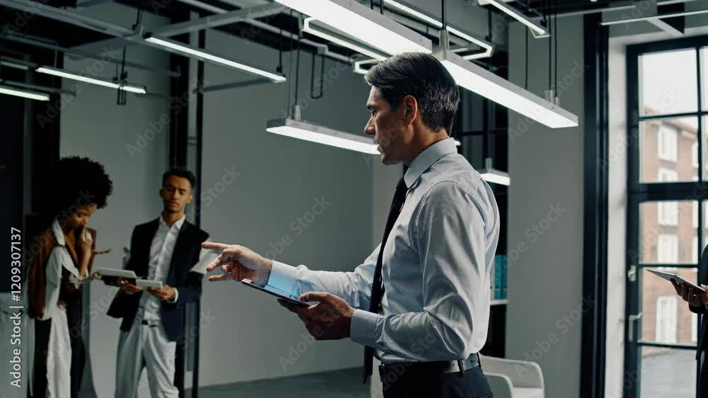 Poster business professional analyzes data trends in a modern office environment with advanced technology t