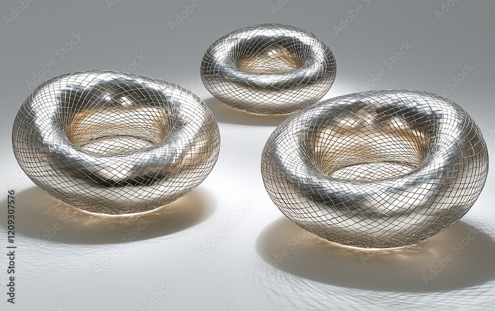 Poster Three abstract metallic toroids on a reflective surface.
