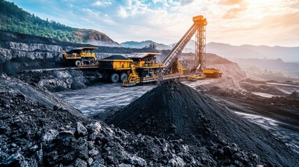 A mining site with a conveyor belt carrying raw materials, showcasing the scale and efficiency of industrial operations.
