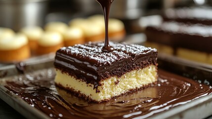 Rich dark chocolate ganache generously layered on moist pound cake slice