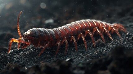 Obraz premium A reddish-brown millipede crawls across dark soil, showcasing its segmented body, delicate bristles, and intricate natural details.