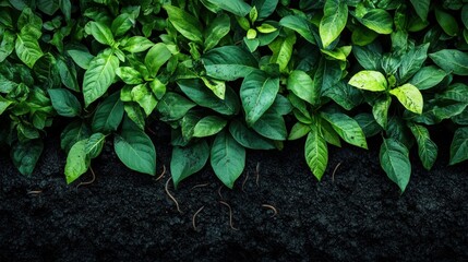 A row of vibrant green plants thrives in rich, dark soil, with earthworms visible, showcasing a healthy and balanced soil ecosystem.