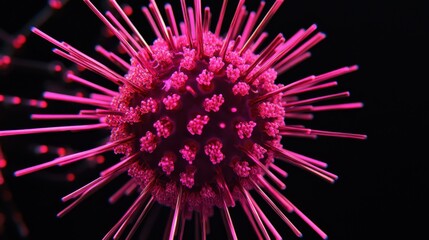 A striking close-up of a virus with pink spikes showcases its complexity and scientific importance during health research.