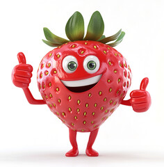 Smiling strawberry character in a thumbs-up pose, on a white background and in a red color. 3d cartoon character with arms and legs