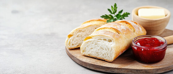 Fresh artisan bread with butter and jam on wooden board, showcasing rustic and inviting breakfast scene. combination of textures and colors creates warm, appetizing atmosphere