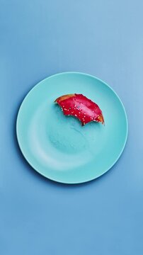 Pink donut on blue plate. Eating tasty donut. Top view. Stop motion of donut bite on blue background. Bakery and food concept in 4K, UHD