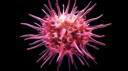 A vivid depiction of a microscopic virus with pink spikes highlights its structural complexity and significance in health science.