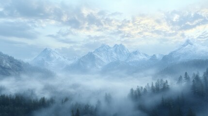 A serene landscape featuring misty mountains and lush forests under a cloudy sky.