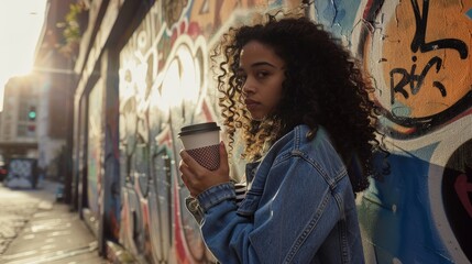 Naklejka premium Young african female holding coffee cup in urban graffiti street at sunset
